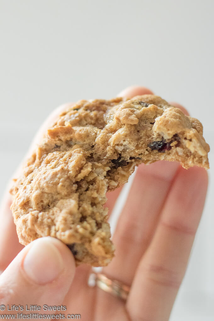 hand holding a Oatmeal Raisin Cranberry Cookie with a bite 