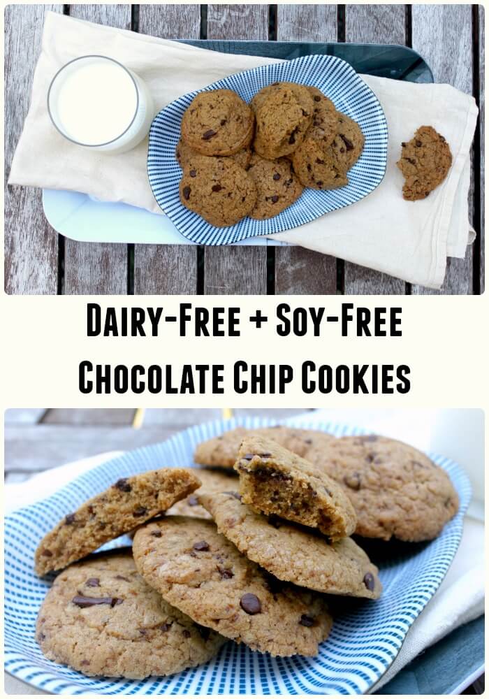 Chocolate chip cookies overhead on a plate, 2 angles