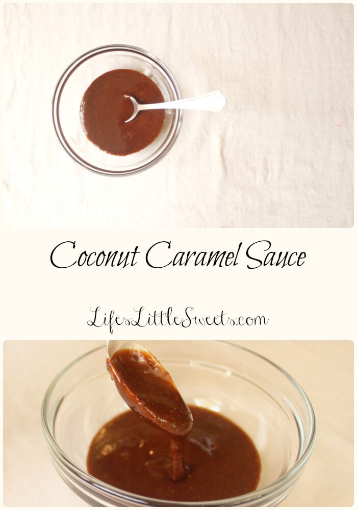 Coconut Caramel Sauce overhead in a clear bowl with a spoon