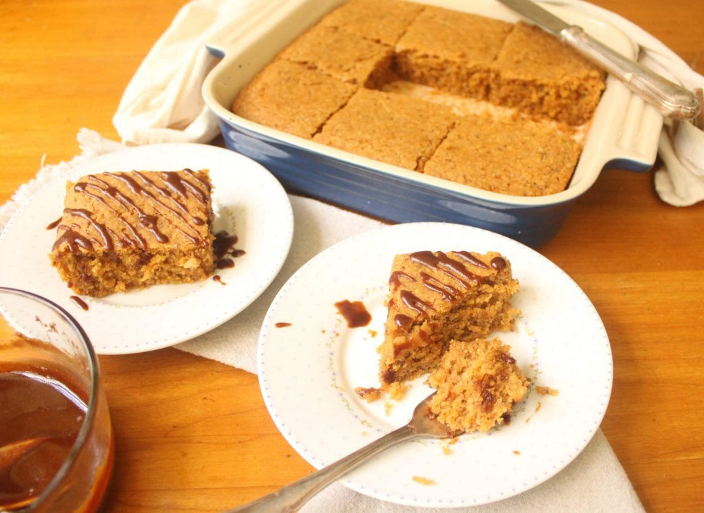 naturally sweet cornbread two slices with coconut caramel sauce