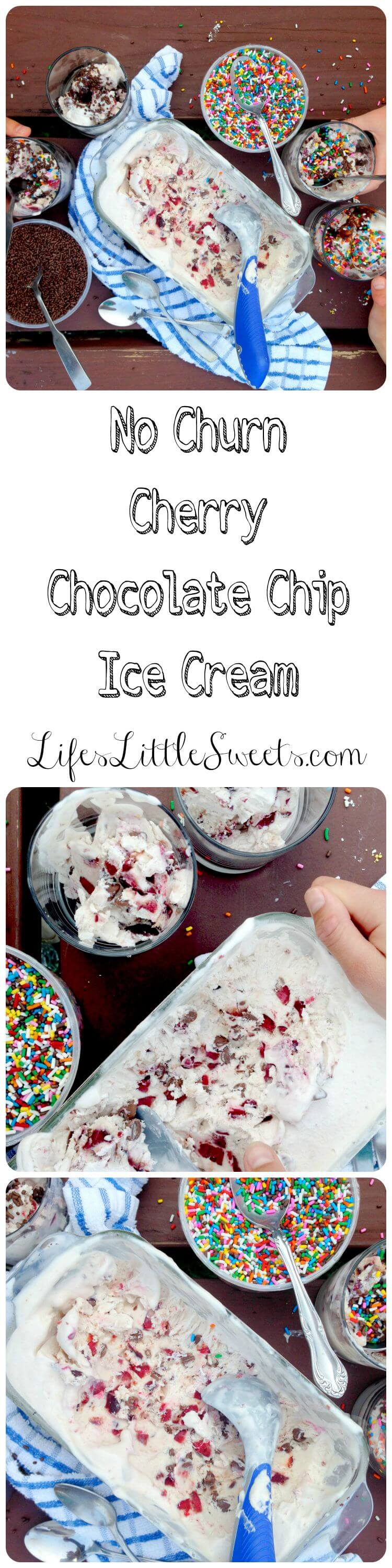 no churn cherry choc chip ice cream photo collage with sprinkles