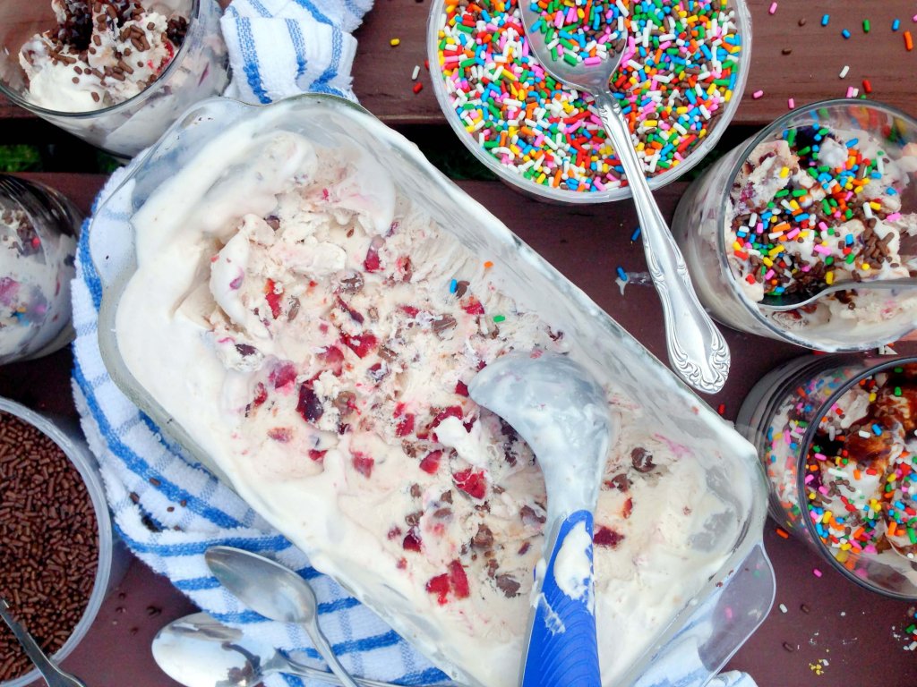 served no churn cherry choc chip ice cream