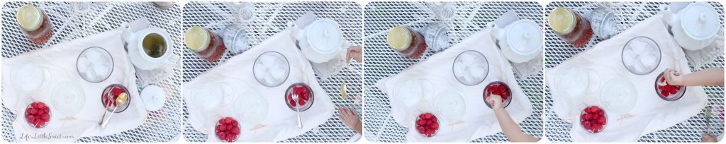 an overhead view a child stirring Cold-brewed Smashed Raspberry Honey Iced Tea in clear glasses outside in a photo collage