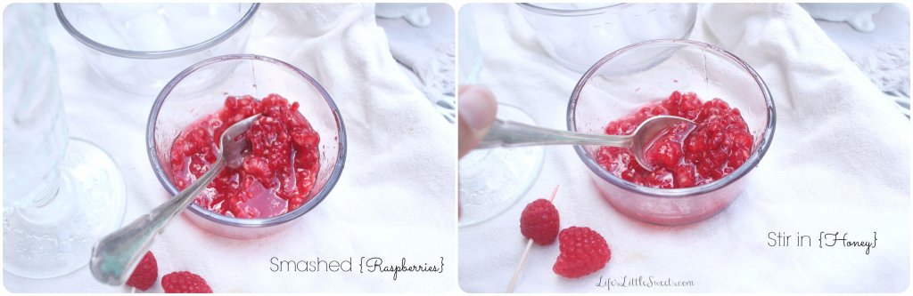 Raspberries and honey in a bowl with a spoon