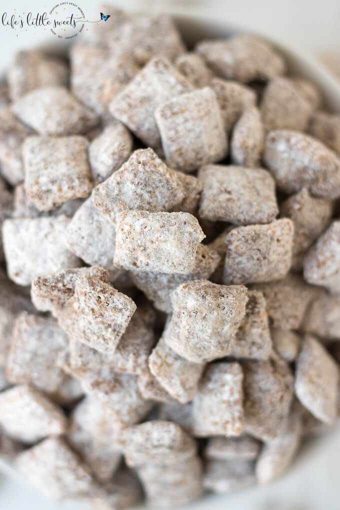 Nutella Muddy Buddies in a white bowl close up