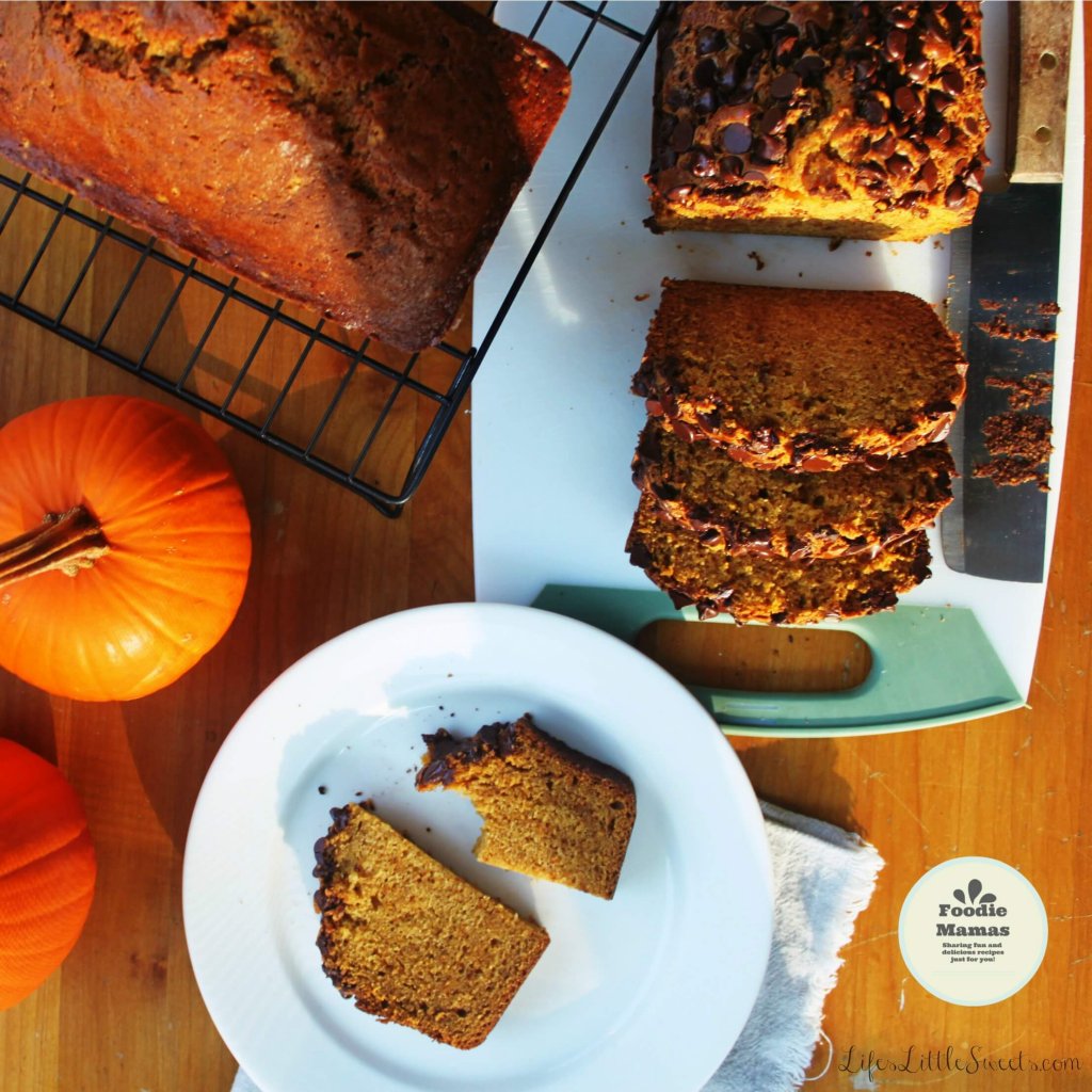 Pumpkin Spice Bread overhead view, sliced and on a wire cooling rack