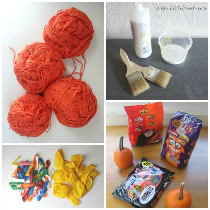 DIY Halloween Treat Bowls materials needed photo collage showing yarn, balloons, and other materials