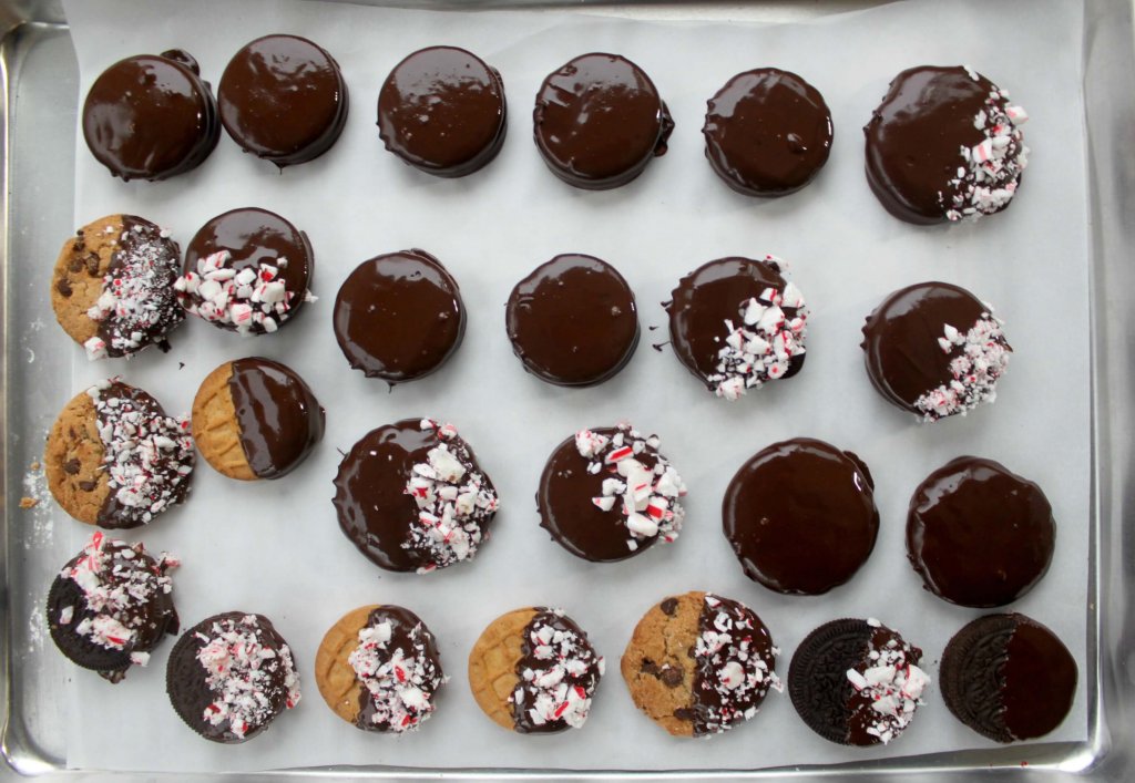Mocha and Chocolate Covered Holiday Cookies cookies drying on a rimmed baking sheet
