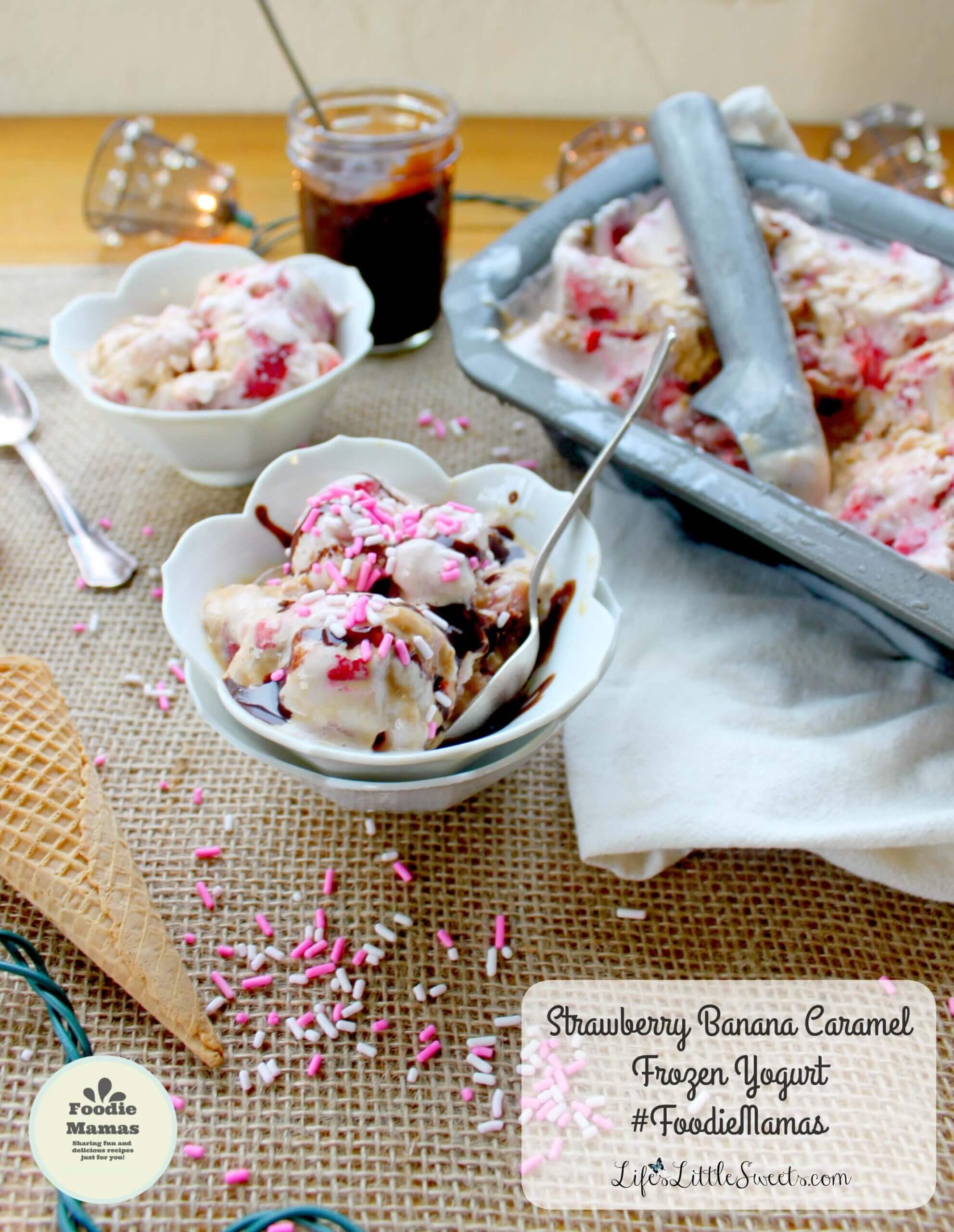 Strawberry Banana Caramel Frozen Yogurt has only 4 ingredients, uses a base of frozen bananas & strawberry Greek yogurt with fresh diced strawberries and a ribbon of my Easy Caramel (Dulce de Leche) recipe and here's a bonus: it does not require the use of an ice cream maker! #FoodieMamas #frozenyogurt #lifeslittlesweets #strawberries #strawberry