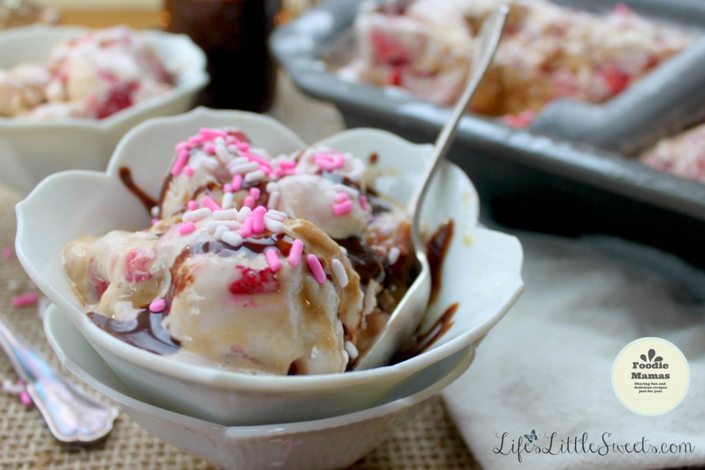 Strawberry Banana Caramel Frozen om a white bowl with pink and white sprinkles