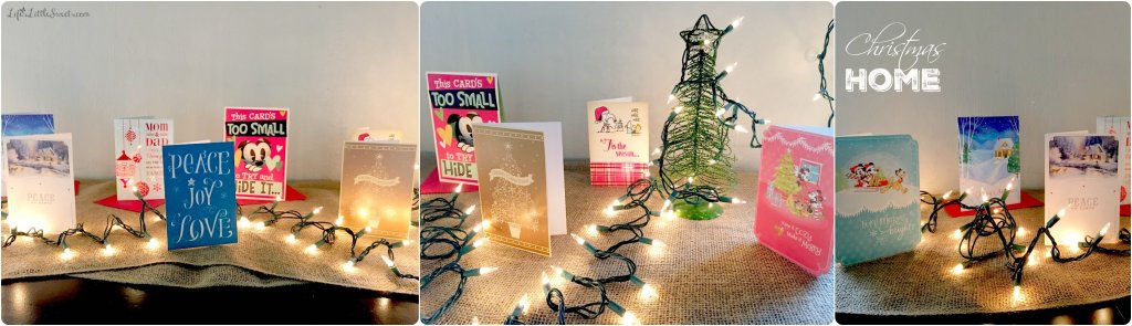DIY Christmas Garland and Greeting Card Table on a white wall, collage of 3 photos
