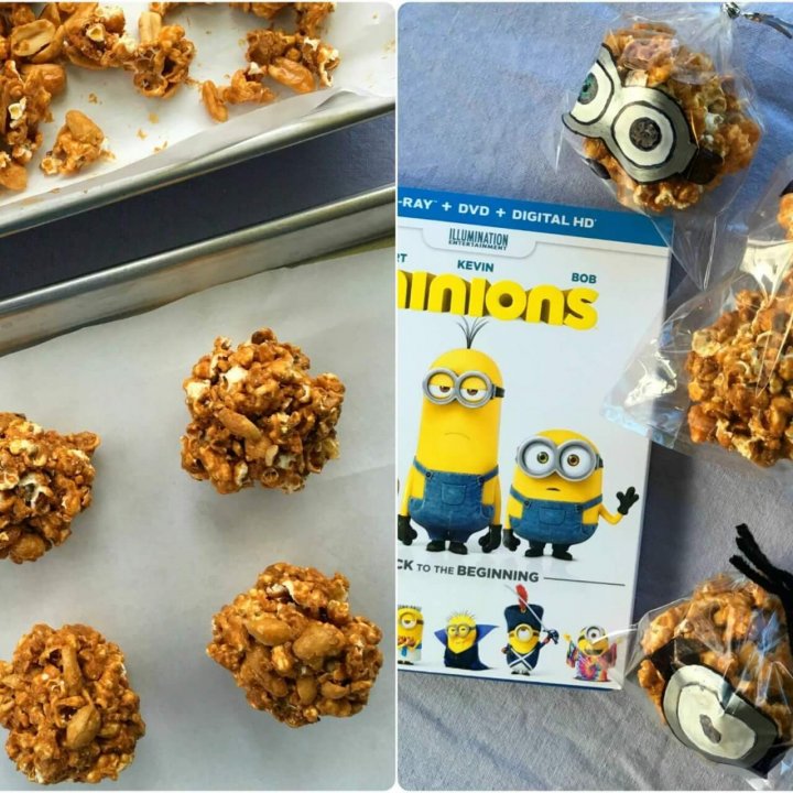 This easy and simple Caramel Popcorn Balls recipe has only 4 ingredients including homemade Dutch Oven Popcorn! Check out my full tutorial on illustrating the treat bags for the Caramel Popcorn Balls just like the Minions movie characters “Stuart,” “Kevin” and “Bob” within this post! Enjoy these Caramel Popcorn Balls during your #MinionsMovieNight! #MinionsMovieNight #ad #CollectiveBias