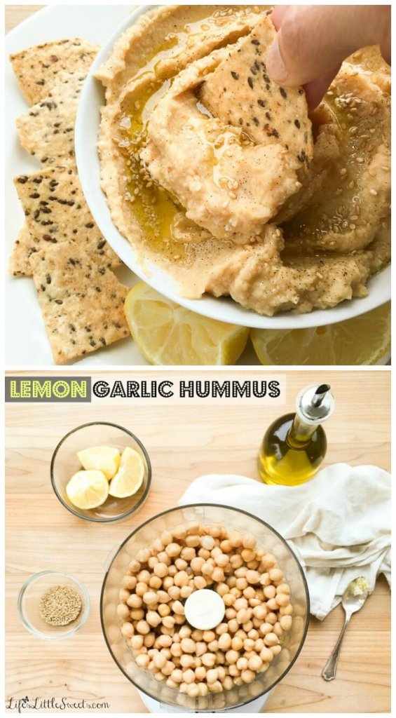 It only takes less than 7 simple ingredients and 5 minutes to make this Lemon Garlic Hummus! Enjoy with your favorite veggies, as a spread on a sandwich or with Way Better Snacks Tortilla Chips and Botticelli Extra Virgin Olive Oil! #SnackWayBetter 