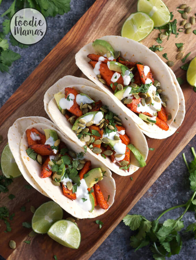 Chili Roasted Carrot Tacos with Avocado from Lucy Baker Brandes of Turnip the Oven #FoodieMamas