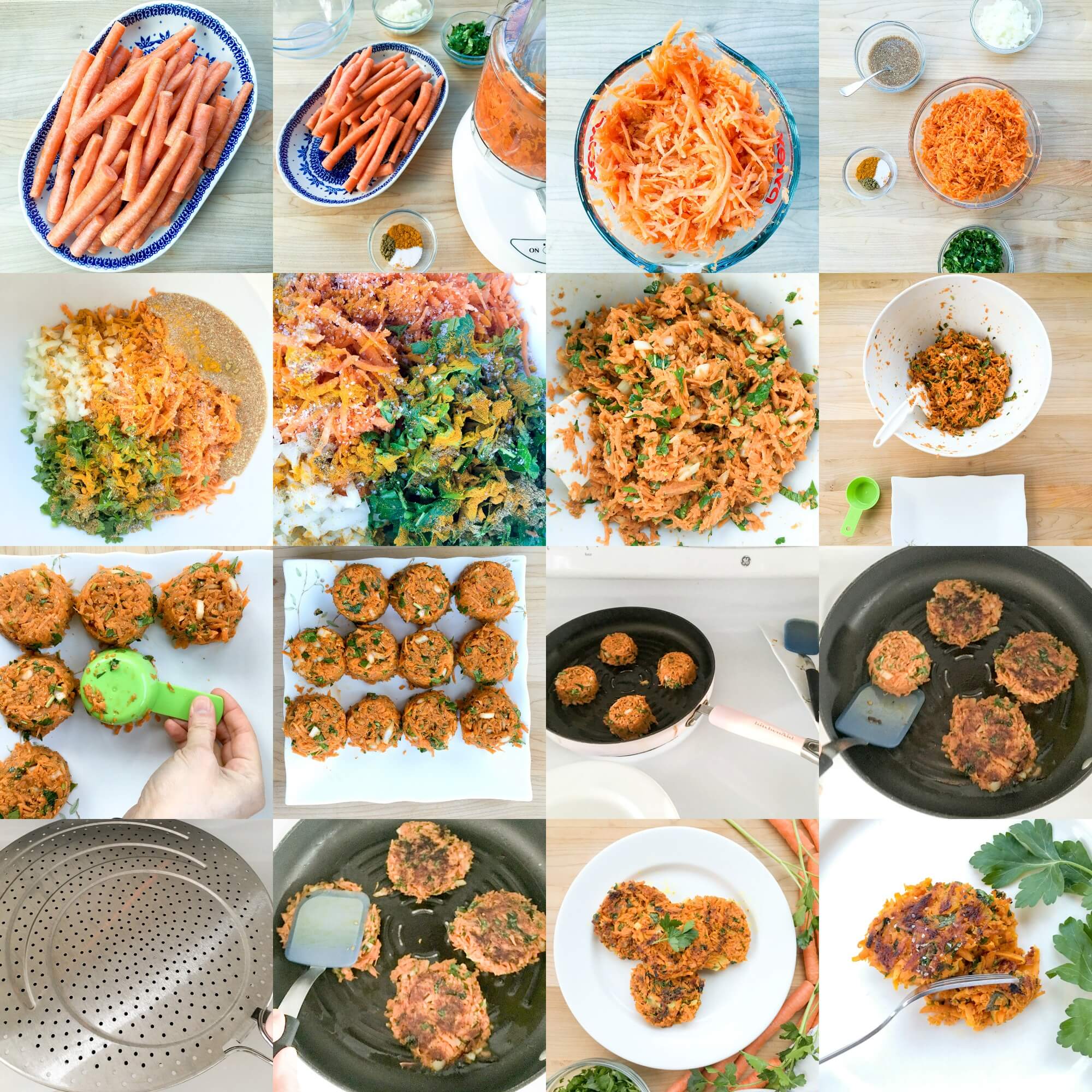 Turmeric Carrot Fritters (V + GF) are a healthier, gluten-free addition to any brunch, lunch or dinner. Tender fritters packed with vitamin-rich carrots, anti-inflammatory turmeric, ground flaxseed and Italian parsley these complimentary flavors are both healthy and delicious! Check out #FoodieMamas 8 mouthwatering carrot recipes!