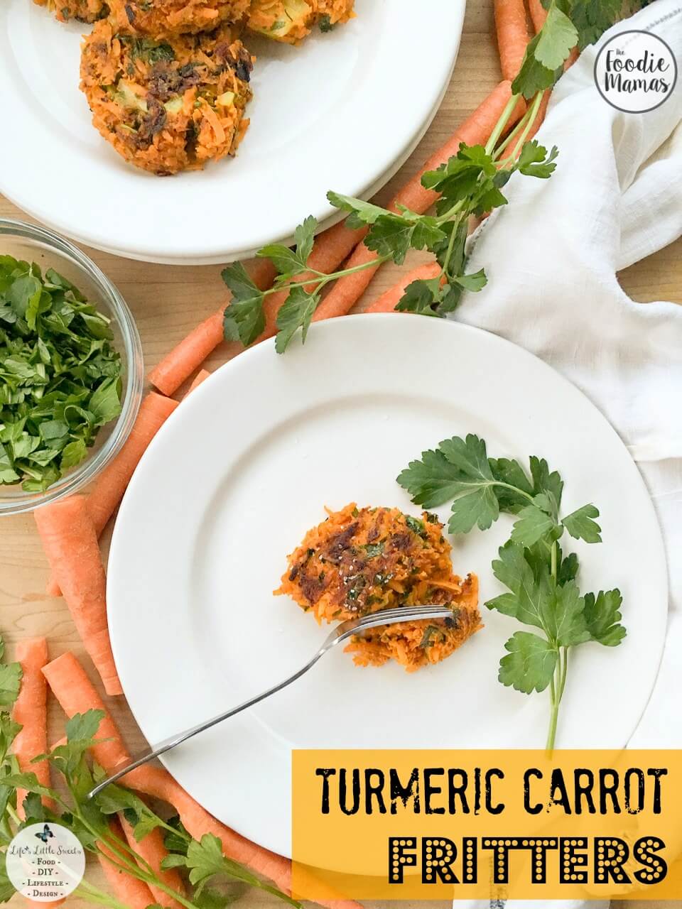 Turmeric Carrot Fritters (V + GF) are a healthier, gluten-free addition to any brunch, lunch or dinner. Packed with vitamin-rich carrots, anti-inflammatory turmeric, ground flaxseed and Italian parsley these complimentary flavors are both healthy and delicious! Check out #FoodieMamas 8 mouthwatering carrot recipes!