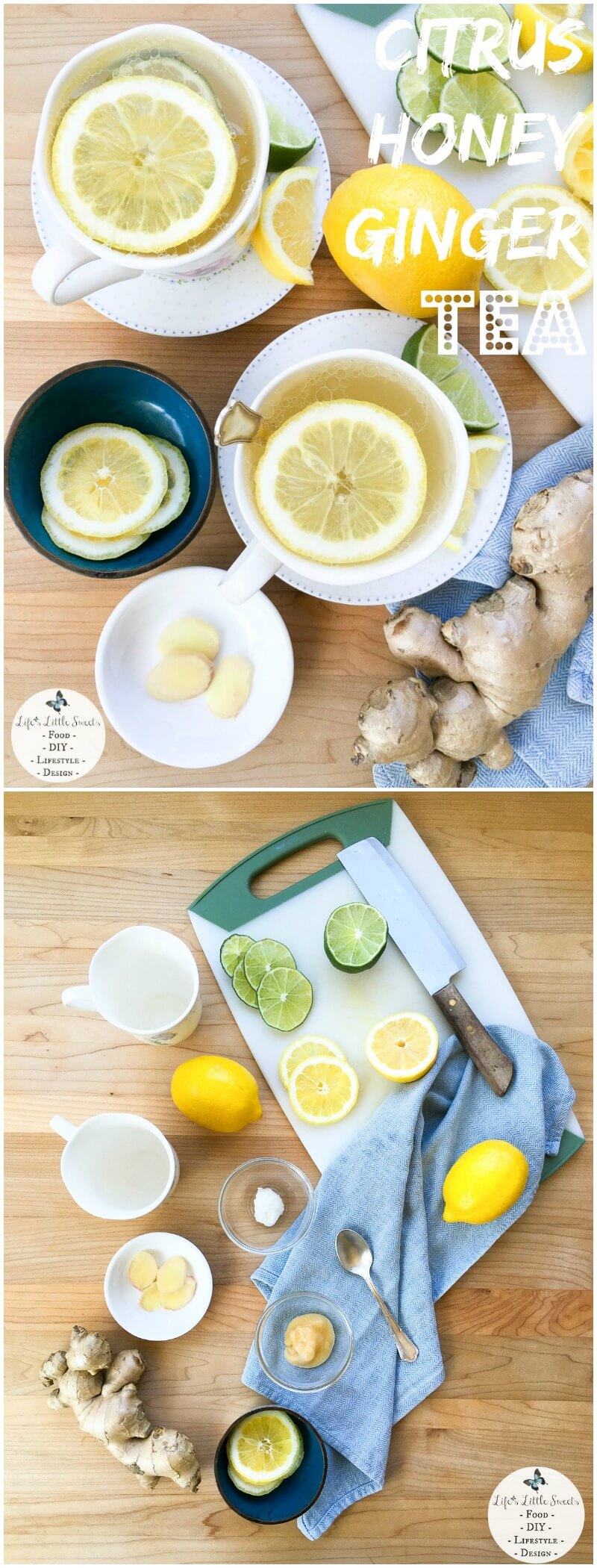 Citrus Honey Ginger Tea is an invigorating, fresh, hot, tea drink to help banish winter health woes and it is our go-to cold & flu remedy. #citrus #lemon #lime #ginger #coconutoil #tea #coldremedy 