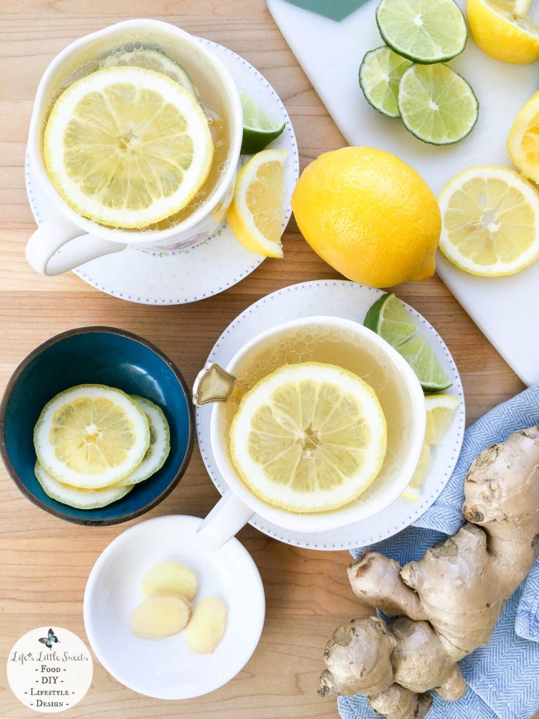 Citrus Honey Ginger Tea is an invigorating, fresh, hot, tea drink to help banish winter health woes and it is our go-to cold & flu remedy. #citrus #lemon #lime #ginger #coconutoil #tea #coldremedy 