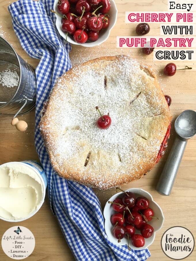 This Easy Cherry Pie with Puff Pastry Crust comes together in 50 minutes with ready-made ingredients and has a touch of unique with a light and crisp puff pastry crust. Enjoy a delicious slice topped with ice cream, whipped cream and fresh cherries! Check out all the #FoodieMamas Cherry Recipes in the roundup!
