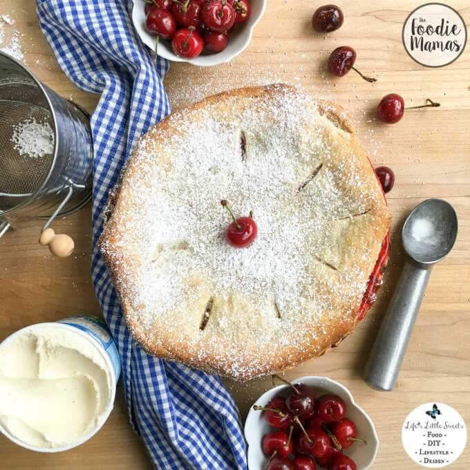 This Easy Cherry Pie with Puff Pastry Crust comes together in 50 minutes with ready-made ingredients and has a touch of unique with a light and crisp puff pastry crust. Enjoy a delicious slice topped with ice cream, whipped cream and fresh cherries! Check out all the #FoodieMamas Cherry Recipes in the roundup!