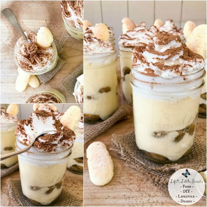 This Mason Jar Tiramisu Trifle is a new take the classic tiramisu dessert. There is plenty to go around as this recipe makes 6 pint-sized mason jars filled with delicious tiramisu dessert, yet only requires 10 ingredients. With 2 layers of delicious, espresso-soaked ladyfingers, rich tiramisu cream and lofty whipped cream dusted with cocoa, Mason Jar Tiramisu Trifle is going to be your new most-requested family favorite! #tiramisu #trifle #cocoa #ladyfingers #chocolate #coffee #dessert