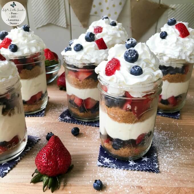 (Video) You won't have to worry about turning on the oven for this No Bake Mason Jar Berry Cheesecake Trifle recipe. Delicious layers of cheesecake, graham cracker crumbles and fresh blueberries & strawberries make up this delectable dessert in 6 pint-sized mason jars, each big enough for 2 people to share. This is your new, 