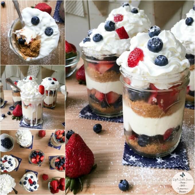 (Video) You won’t have to worry about turning on the oven for this No Bake Mason Jar Berry Cheesecake Trifle recipe. Delicious layers of cheesecake, graham cracker crumbles and fresh blueberries & strawberries make up this delectable dessert in 6 pint-sized mason jars, each big enough for 2 people to share. This is your new, “go-to” Summer dessert recipe – perfect & easy for toting along to BBQs, family dinners and or any kind of party!