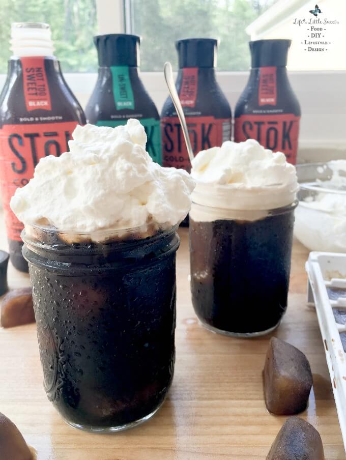 Whipped Cream Cold-Brew Iced Coffee has cold-brew iced coffee ice cubes with lofty homemade Vanilla Whipped Cream. Enjoy SToK™ Cold-Brew Iced Coffee unsweetened, vanilla, mocha or not too sweet. I share my recipe and tutorial. See what my husband Eric's new passion project is and how his creativity inspires me :) #ad #SToKCoffee #cbias #CollectiveBias