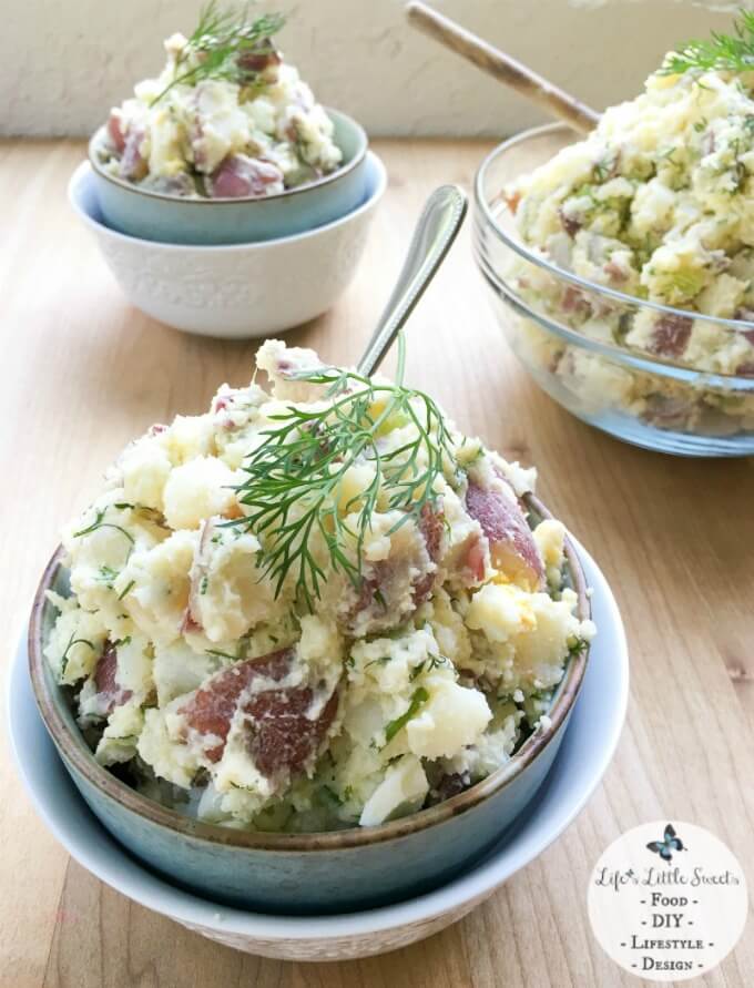 3 Delicious Bowls of Red Potato Salad with Dill - Red Potato Salad with Dill has crisp celery, onion, Dijon mustard and eggs, giving it a satisfying crunch and flavor. This classic and cool Summer salad feeds a crowd, making it perfect for BBQs, potlucks or a recipe to last during the week.
