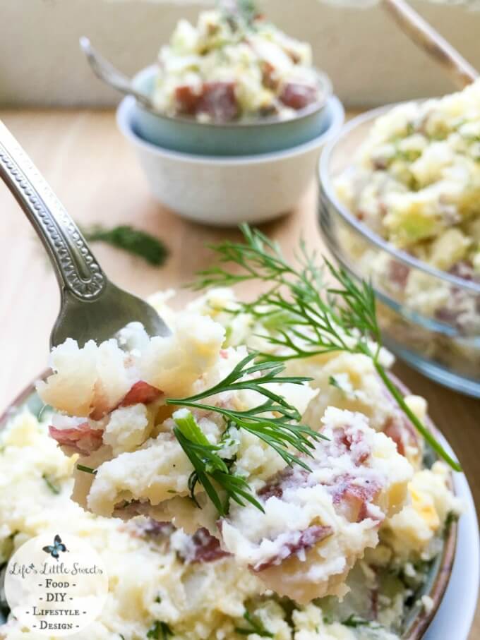 Red Potato Salad with Dill has crisp celery, onion, Dijon mustard and eggs, giving it a satisfying crunch and flavor. This classic and cool Summer salad feeds a crowd, making it perfect for BBQs, potlucks or a recipe to last during the week.