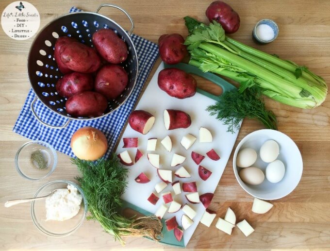 Red Potato Salad with Dill has crisp celery, onion, Dijon mustard and eggs, giving it a satisfying crunch and flavor. This classic and cool Summer salad feeds a crowd, making it perfect for BBQs, potlucks or a recipe to last during the week.