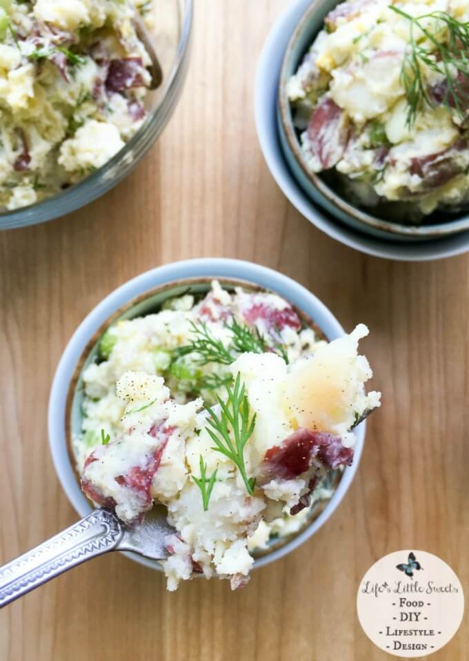 Overhead Bite - Red Potato Salad with Dill has crisp celery, onion, Dijon mustard and eggs, giving it a satisfying crunch and flavor. This classic and cool Summer salad feeds a crowd, making it perfect for BBQs, potlucks or a recipe to last during the week.