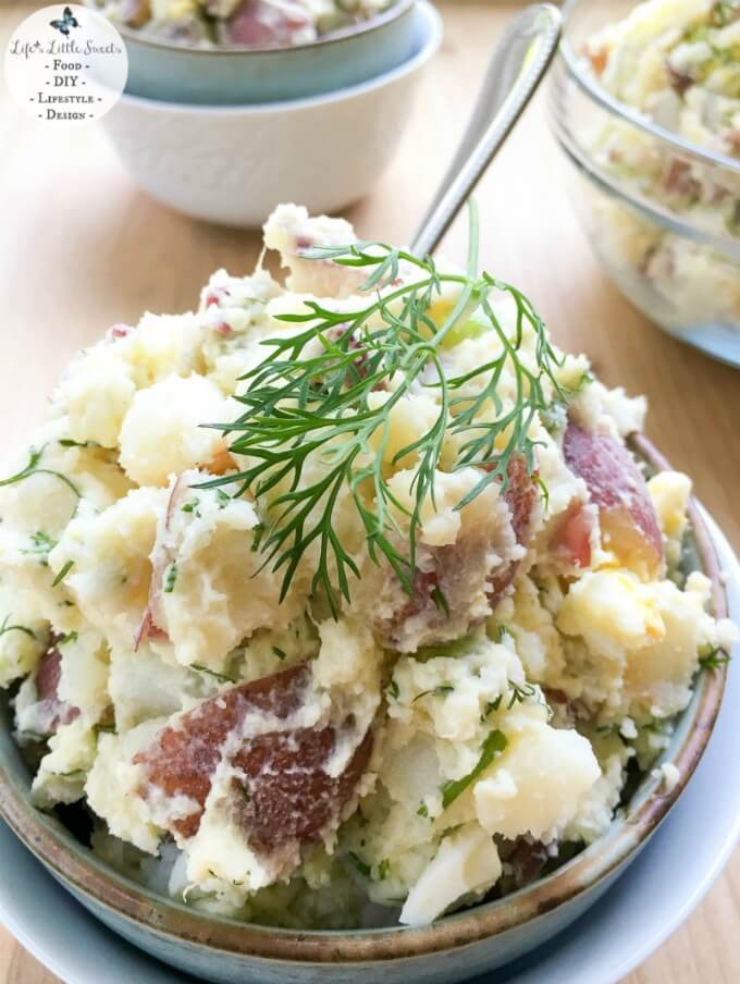 Red Potato Salad with Dill has crisp celery, onion, Dijon mustard and eggs, giving it a satisfying crunch and flavor. This classic and cool Summer salad feeds a crowd, making it perfect for BBQs, potlucks or a recipe to last during the week.