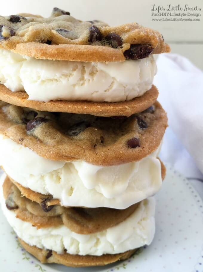These 2-Ingredient Chocolate Chip Cookie Ice Cream Sandwiches are so easy to throw together for a simple ice cream novelty dessert that you can keep in the freezer all week long!
