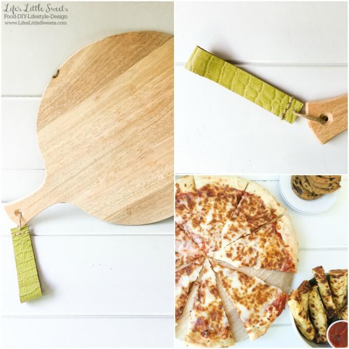 This DIY Pizza Peel Strap customizes a pizza peel, allowing it to be stored from a hanging position. A customized, pizza peel makes a great hostess gift for game day or you can customize your existing pizza peel. Are you ready for game day? Get your game day rations at the Sam's Club where you can get the Family Pizza Combo. Check out the combo below and the step-by-step tutorial for this DIY Pizza Peel Strap! #ad #FamilyPizzaCombo #CollectiveBias