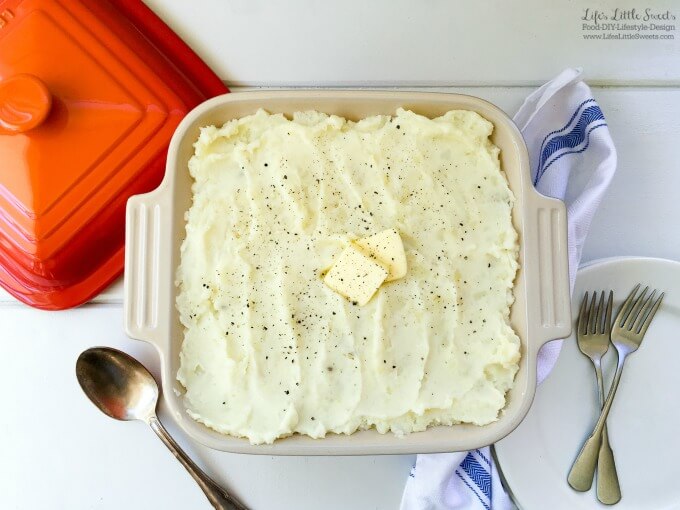 This Homemade Mashed Potatoes recipe uses a 5-pound bag of white potatoes, milk, butter salt and pepper. With only 5-ingredients, they are so simple to make and a classic, savory, side dish to a holiday dinner or any meal.