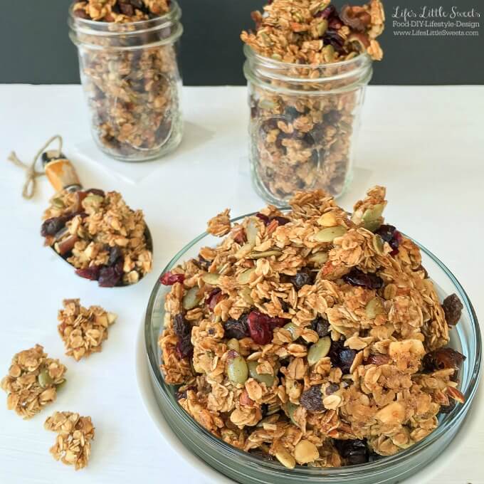 This Homemade Autumn Harvest Fruit and Nut Granola has cinnamon and warm vanilla, crunchy pumpkin seeds, tart cranberries and is naturally sweetened with maple syrup & honey. It has the option to leave out the oil or butter and a flaxseed 