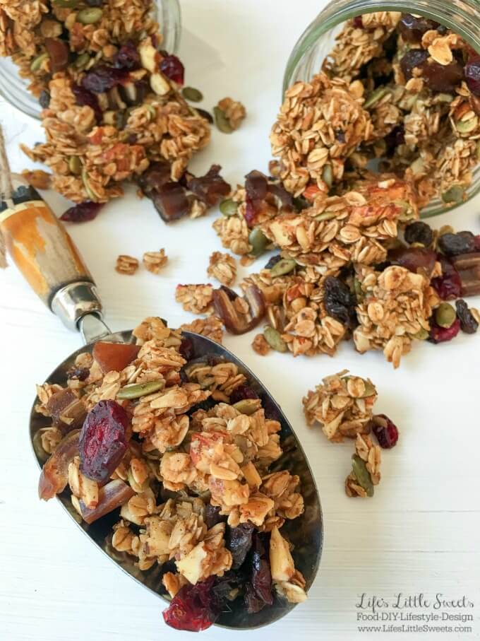 This Homemade Autumn Harvest Fruit and Nut Granola has cinnamon and warm vanilla, crunchy pumpkin seeds, tart cranberries and is naturally sweetened with maple syrup & honey. It has the option to leave out the oil or butter and a flaxseed "egg" adding to its health benefits. Check out my tips for customizing this Homemade Autumn Harvest Fruit and Nut Granola for your tastes and preferences!