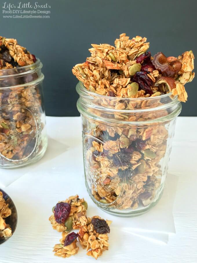 This Homemade Autumn Harvest Fruit and Nut Granola has cinnamon and warm vanilla, crunchy pumpkin seeds, tart cranberries and is naturally sweetened with maple syrup & honey. It has the option to leave out the oil or butter and a flaxseed 