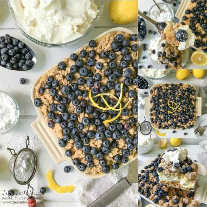 This One-Pan Blueberry Lemon Crumble No Bake Cheesecake is made with Mascarpone cheese for a decadent and delicious dessert with fresh blueberries and tart, lemon curd. Enjoy this zesty and flavorful, one-pan dessert for your next gathering! Top this with some Vanilla Whipped Cream!