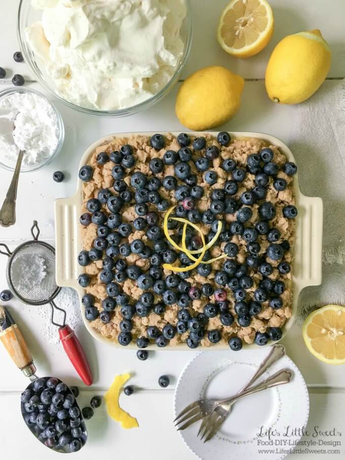 This One-Pan Blueberry Lemon Crumble No Bake Cheesecake is made with Mascarpone cheese for a decadent and delicious dessert with fresh blueberries and tart, lemon curd. Enjoy this zesty and flavorful, one-pan dessert for your next gathering! Top this with some Vanilla Whipped Cream!