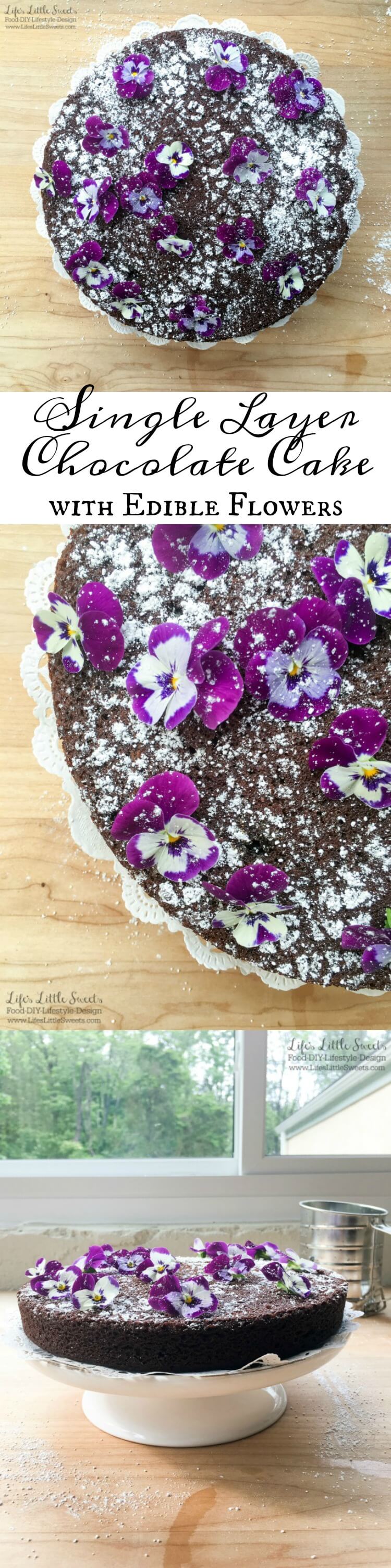 ? This Single-Layer Chocolate Cake with Edible Flowers is a pretty and simple chocolate cake that can be whipped up when you have the need or craving for chocolate cake. No need for frosting for this elegant cake as it is decorated with confectioner's sugar and edible flowers.