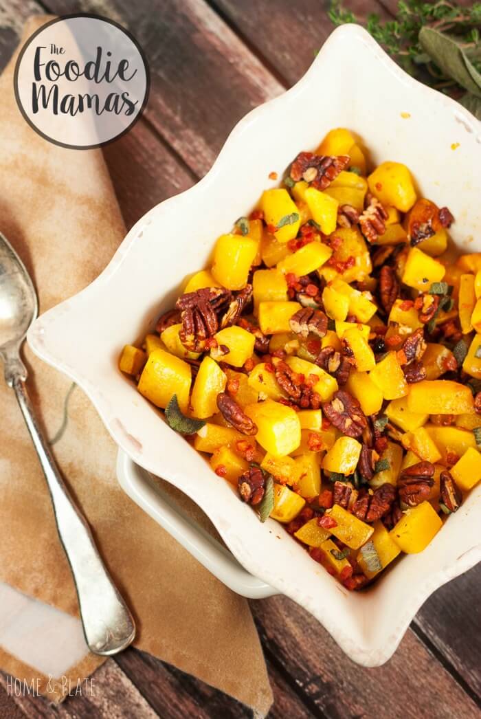 Maple Cayenne Butternut Squash with Pancetta and Pecans | Ali Randall of Home & Plate - 14 Incredible Holiday Side Dish Recipes #FoodieMamas