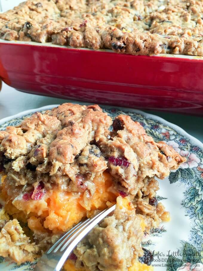 This Oatmeal Cookie Marshmallow Sweet Potato Casserole has all the Fall flavors in a one-pan dish including cranberries, raisins, cinnamon, pecans and sweet potato. It's the perfect sweet side to accompany all those savory Thanksgiving dishes!