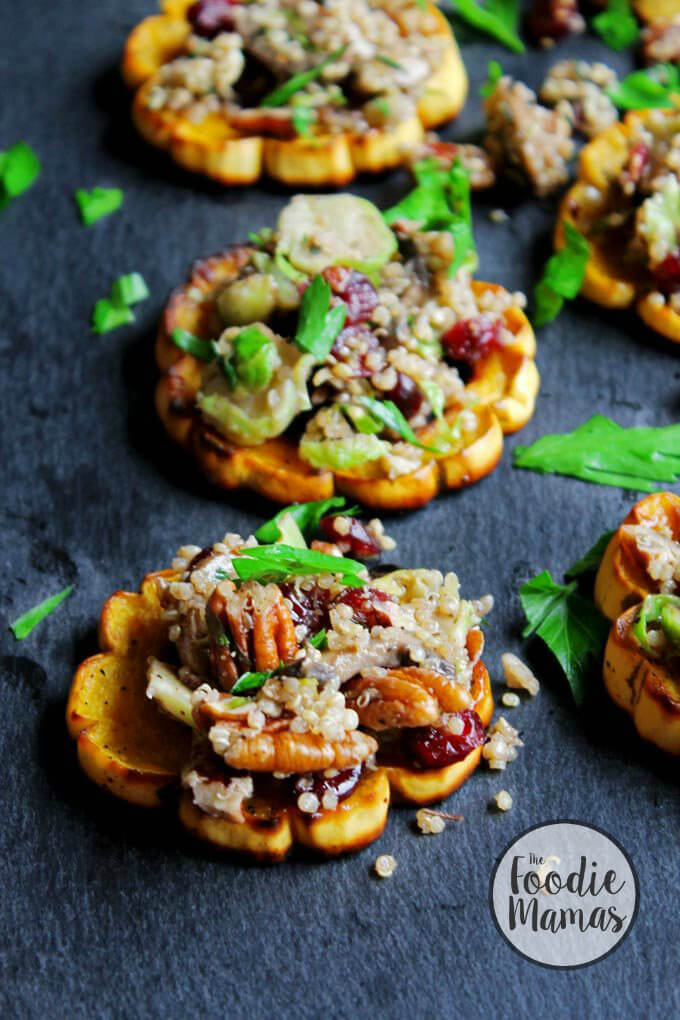 Quinoa Stuffed Delicata Squash Rings with Mushrooms, Cranberries, and Pecans | Trish of Rhubarbarians - 14 Incredible Holiday Side Dish Recipes #FoodieMamas