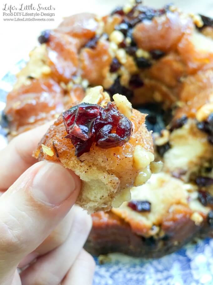 ? Walnut Cranberry Raisin Pull Apart Bread, also called "monkey bread," has toasty walnuts, tart cranberries & sweet raisins and white chocolate to make a delicious breakfast or dessert to feed a crowd! (w/ dairy-free option) #ad #GetReliefFromTheFeast #walmart #TameTummyTrouble #FeelBetterFromTopToBottom