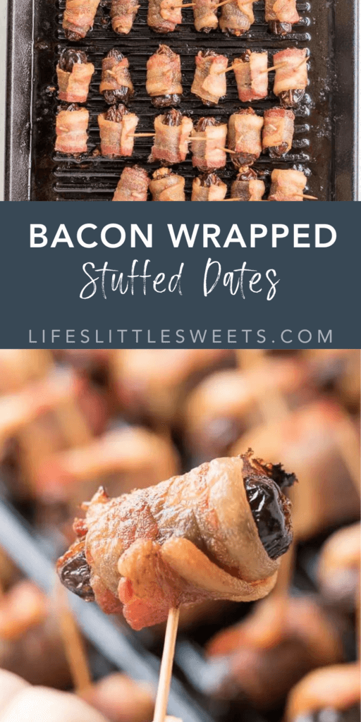 bacon wrapped stuffed dates with text overlay