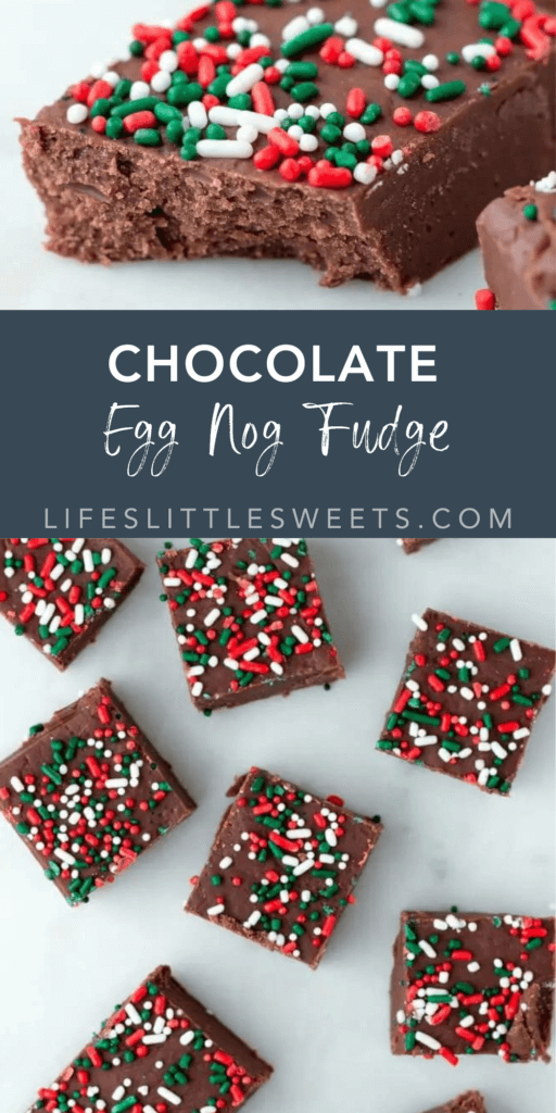 chocolate egg nog fudge recipe with text overlay