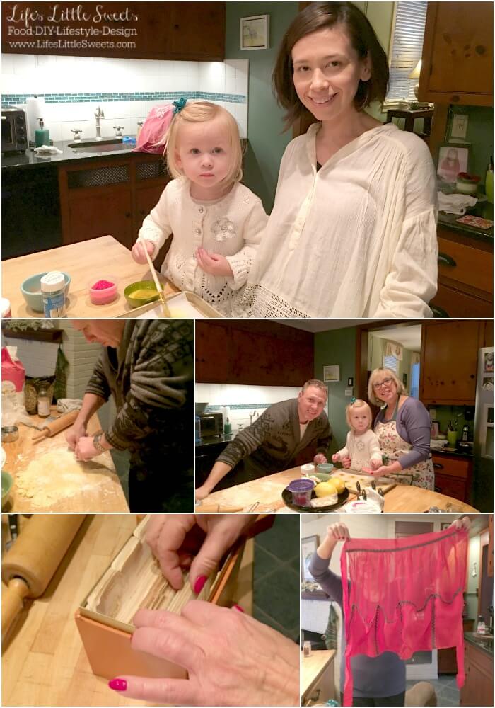 family photos of making sand tart cookies together, a child and mother in white, a vintage recipe box with family recipes, a grandmother and her adult son