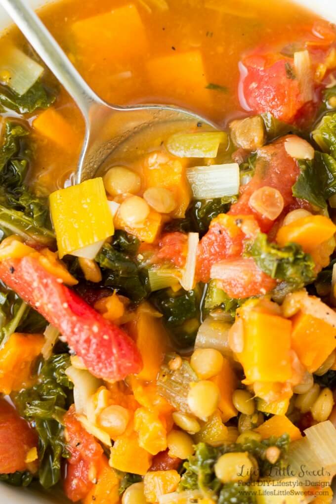Sweet Potato Kale Lentil Soup is incredibly nutritious, so flavorful and perfect for a Fall or Winter soup. (vegan) Check out all 8 Sweet Potato recipes from the #FoodieMamas recipe roundup!